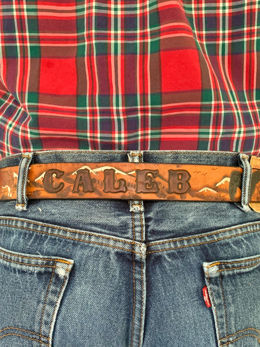 Personalized Mountain Cows Antiqued Leather Name Belt