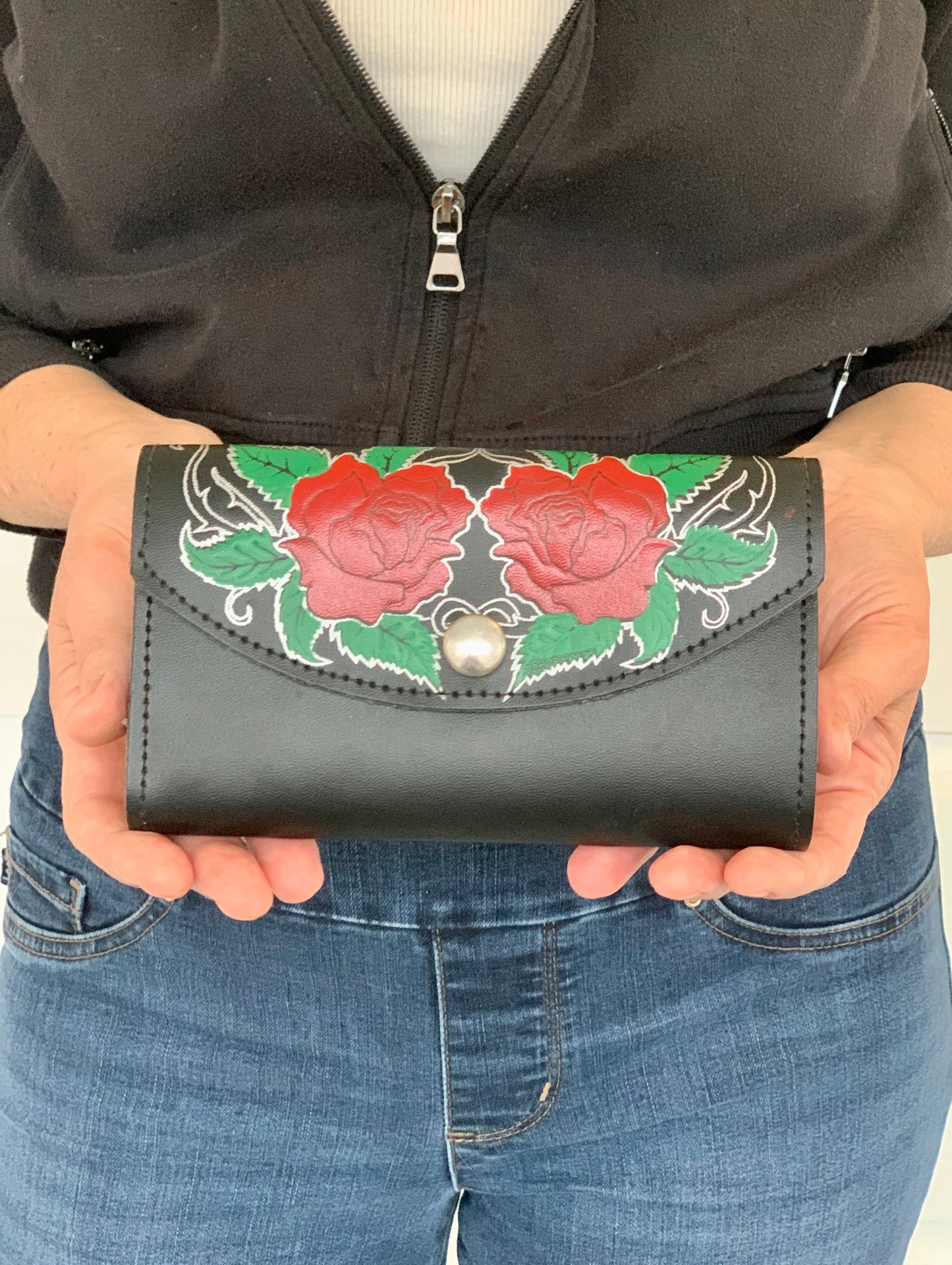 A Rose Is Two Roses Black Leather Wallet Clutch