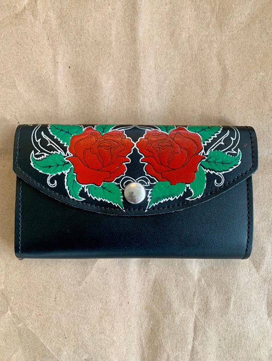 A Rose Is Two Roses Black Leather Wallet Clutch