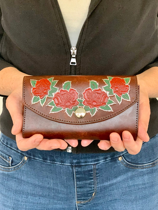 Brown Leather Rose Cluster Wallet Clutch