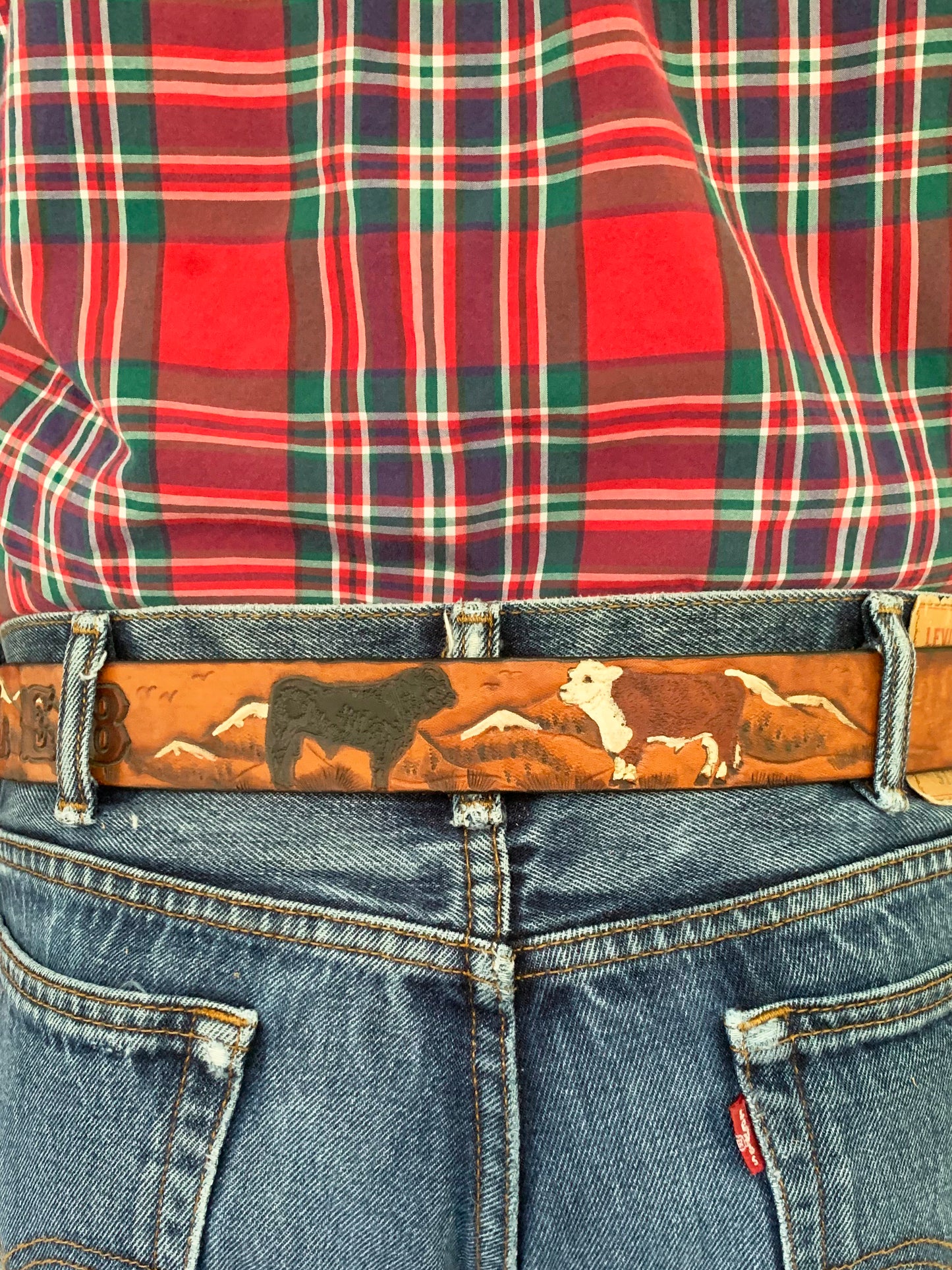 Personalized Mountain Cows Antiqued Leather Name Belt