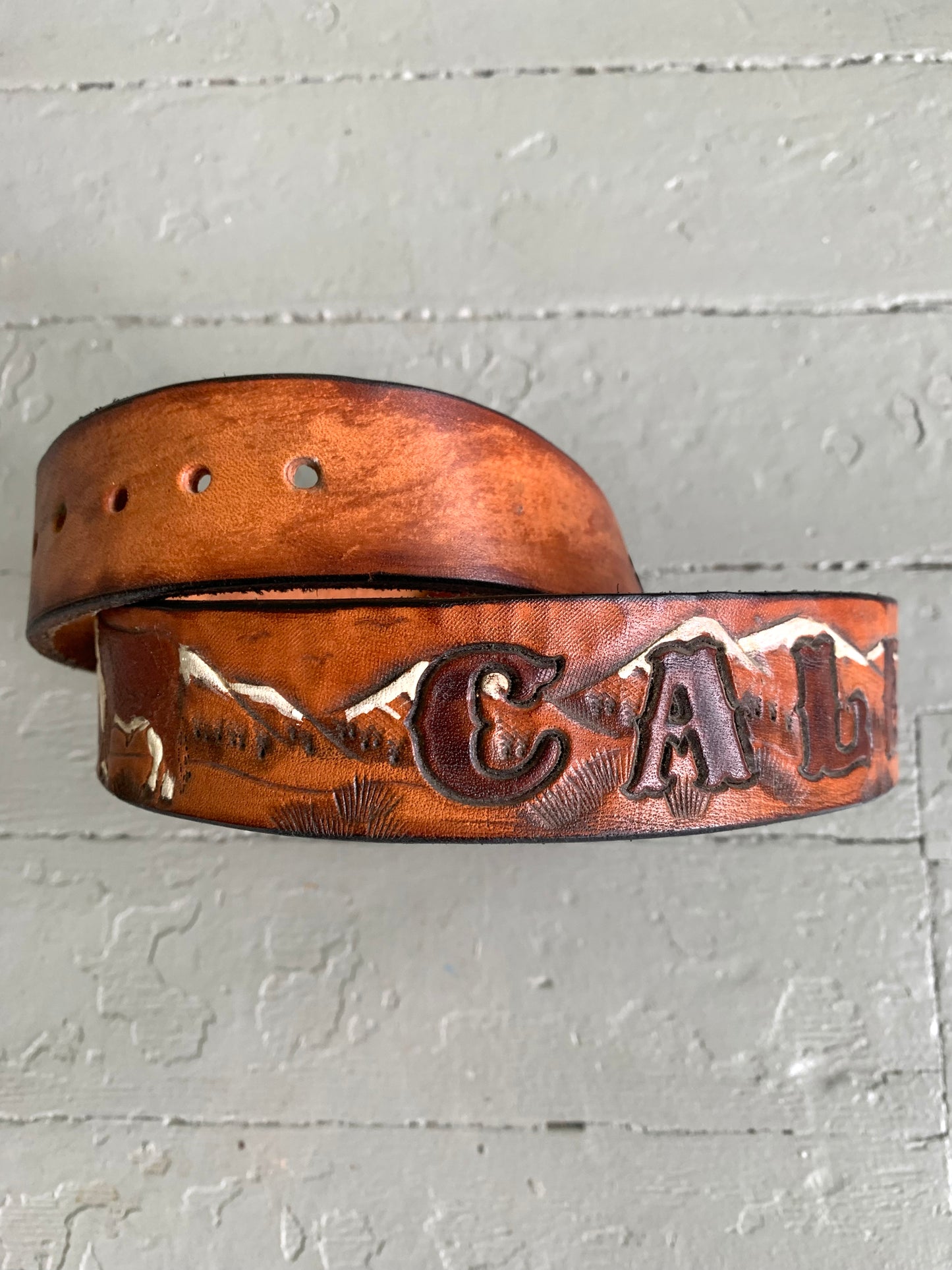 Personalized Mountain Cows Antiqued Leather Name Belt