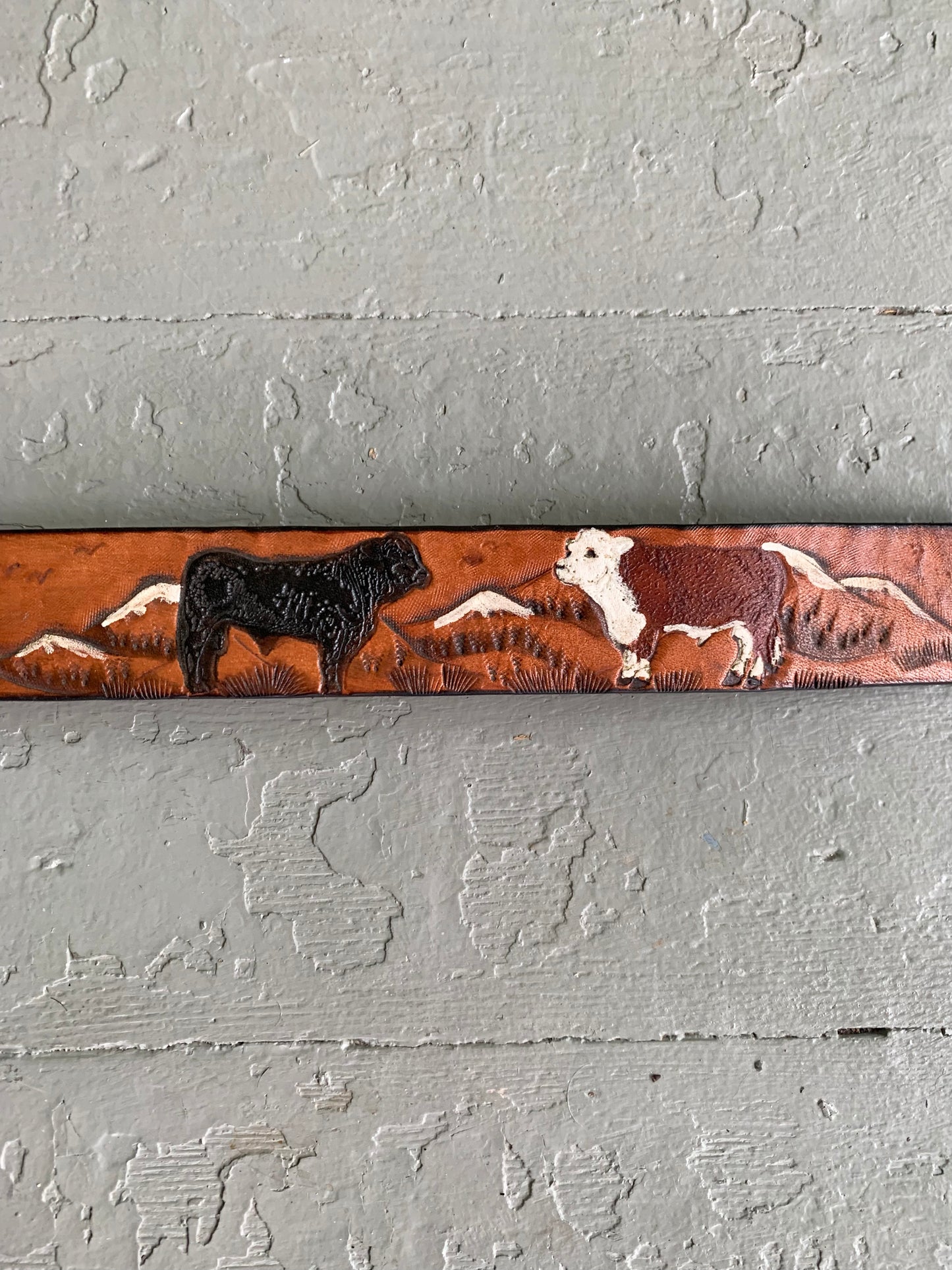 Personalized Mountain Cows Antiqued Leather Name Belt