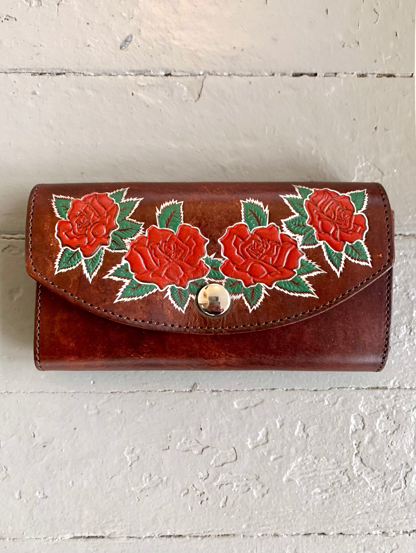 Brown Leather Rose Cluster Wallet Clutch