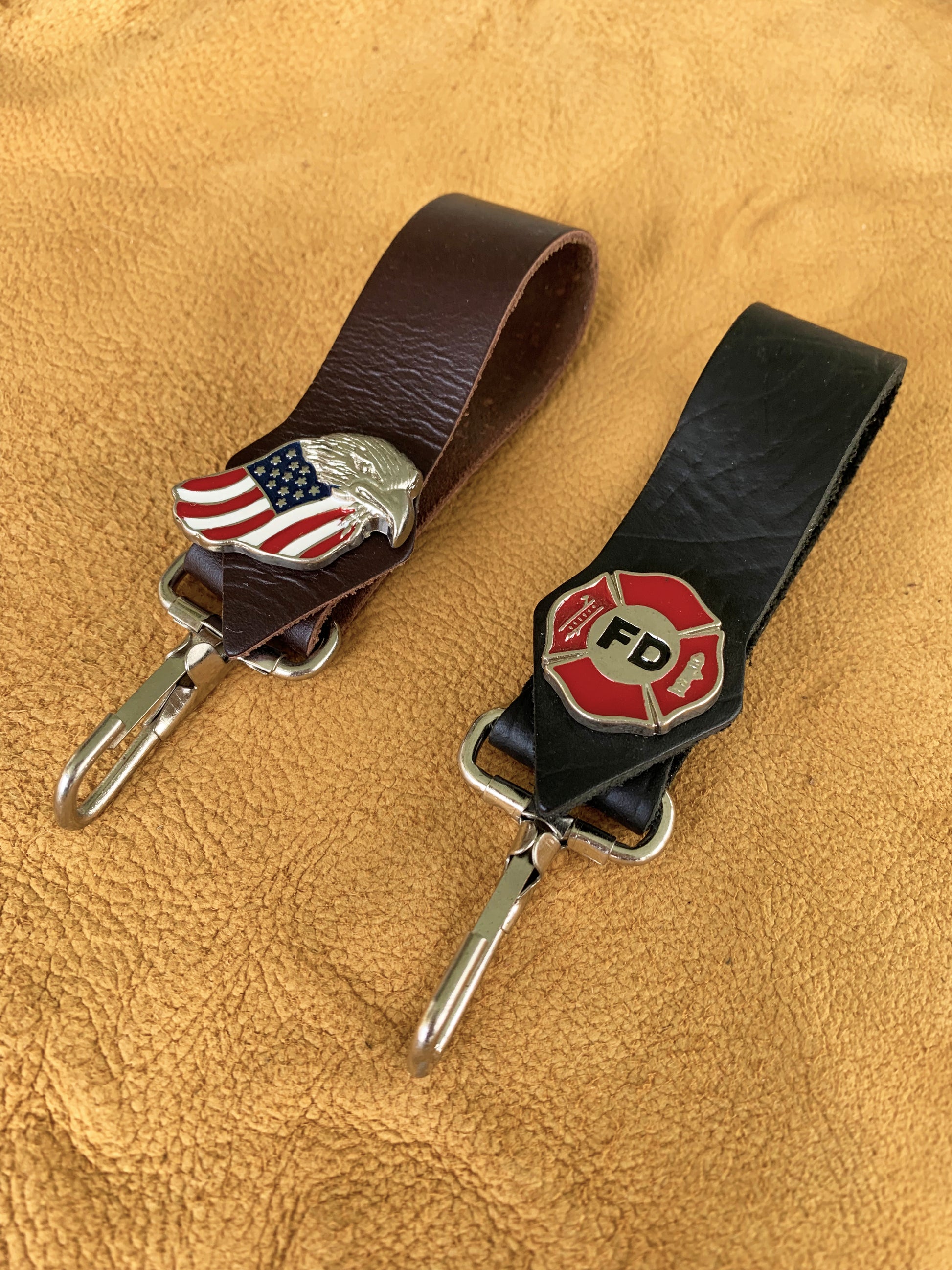 CustomLeatherCreations Fire Department Front Line Leather Key Clips - Handmade Leather Keychain Brown - USA Eagle